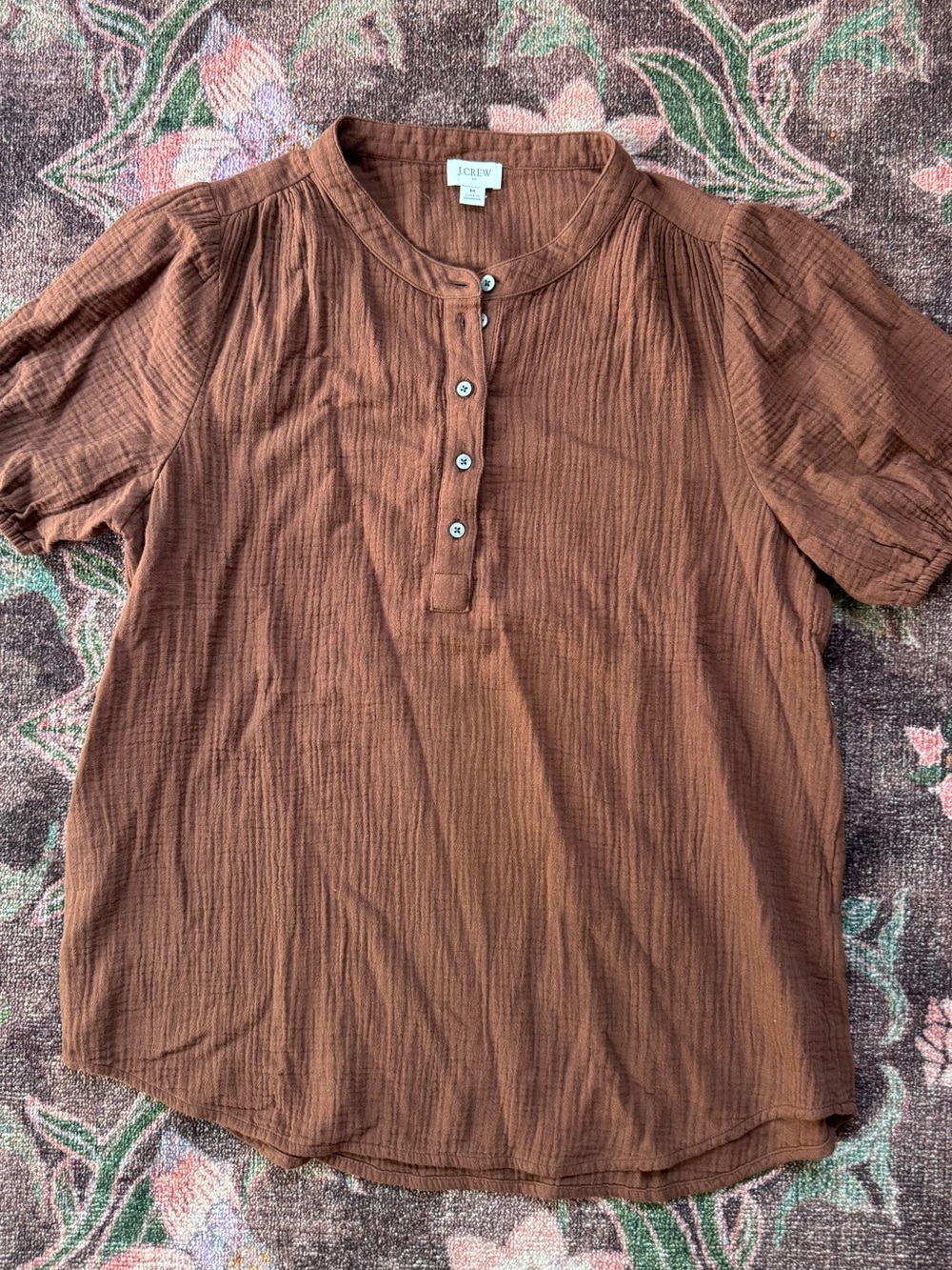 J.Crew Brown Button-Placket Cotton Short Sleeve Top - Medium